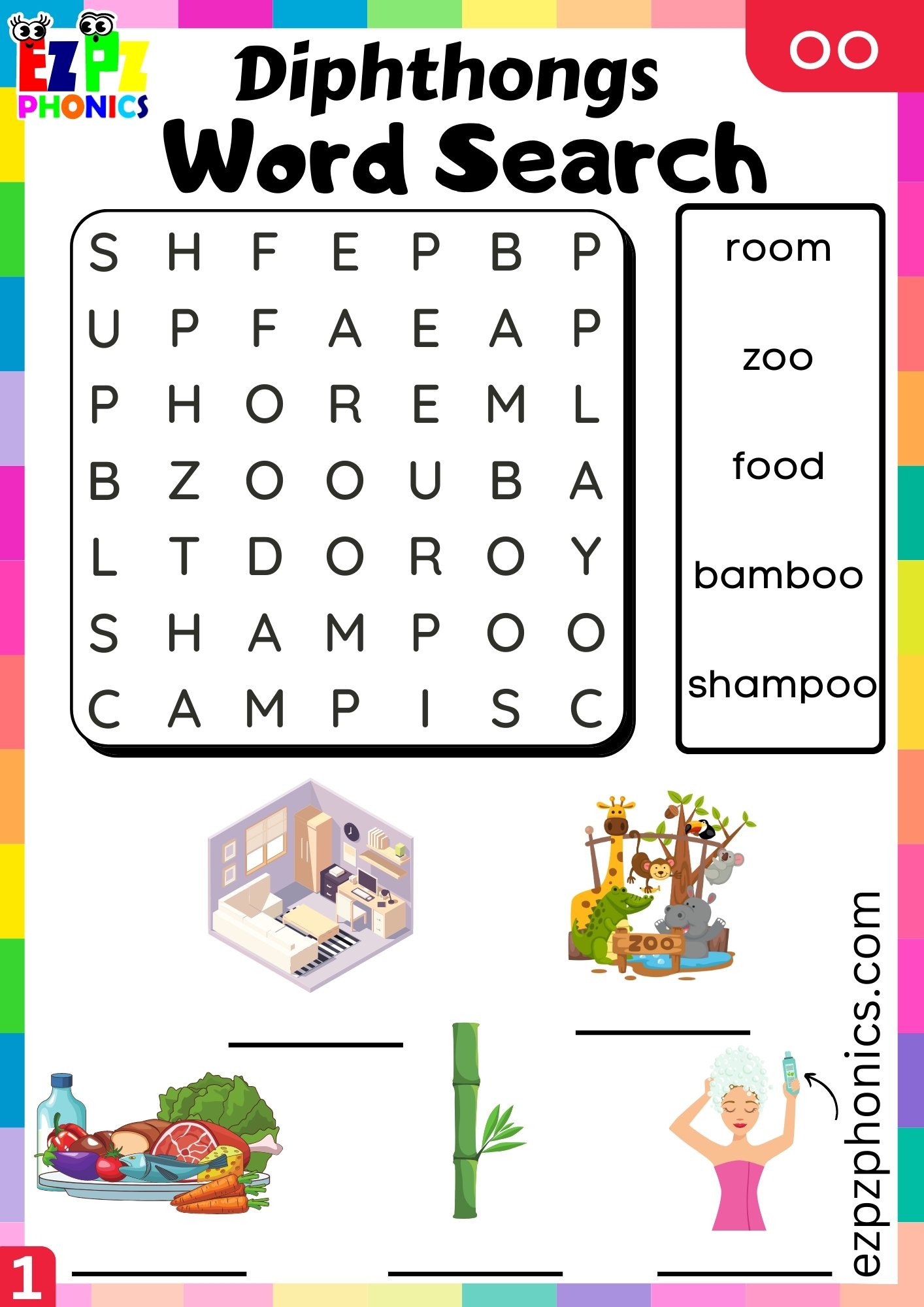 oo Diphthongs Word Search Write and Find Worksheet